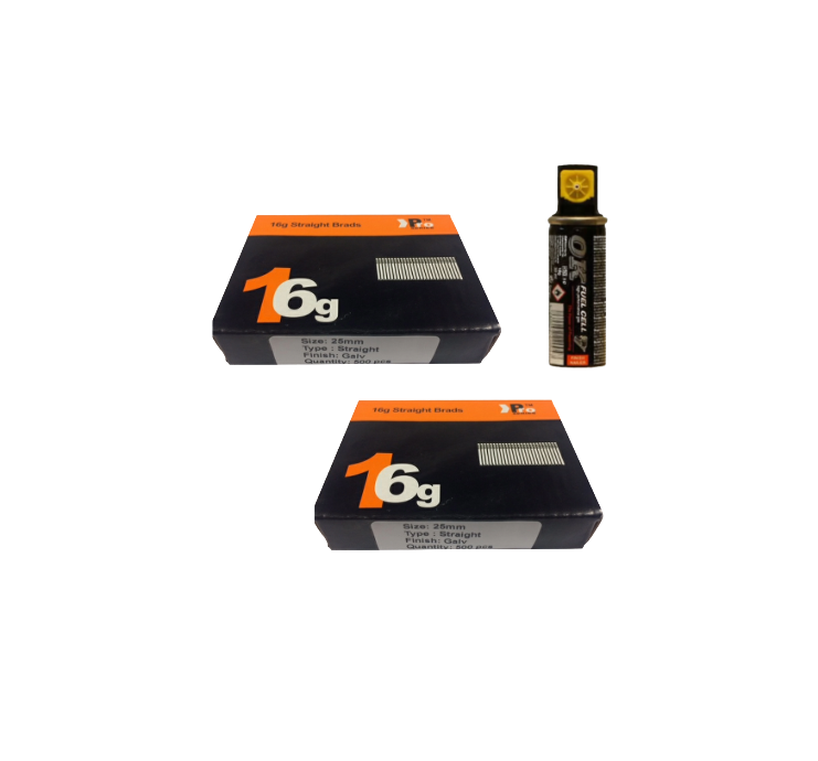 Brad Nails 16g Straight x 1000 Sizes Pack & Fuel Cell (Select Size)