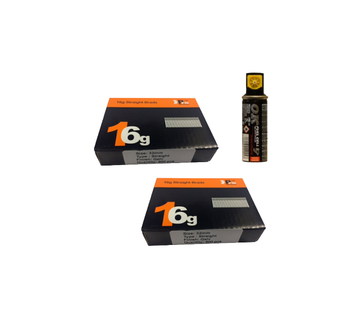 Brad Nails 16g Straight x 1000 Sizes Pack & Fuel Cell (Select Size)