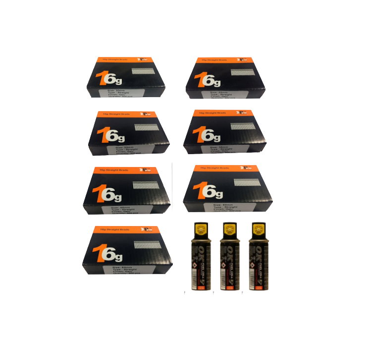 Brad Nails 16g Straight Mixed 3500 Pack & 3 x Fuel Cells